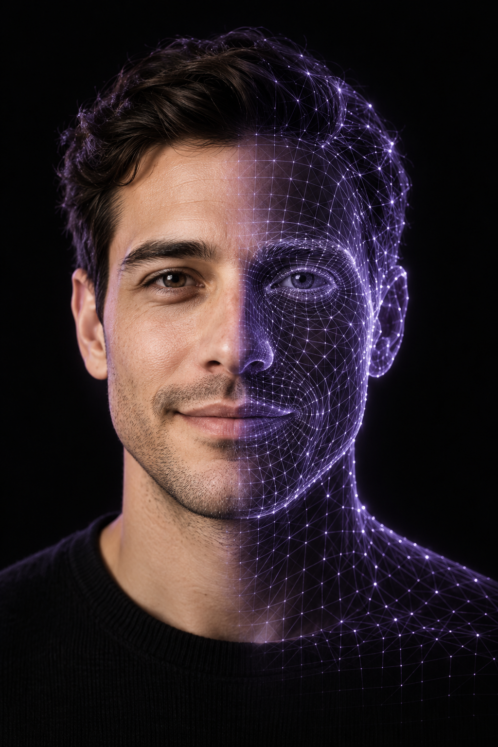 HUME avatar with one half of the face photorealistic and the other half formed from purple wireframe lines and bright digital nodes